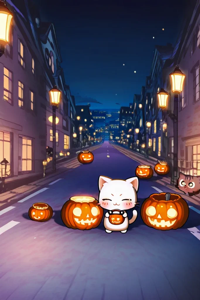 Cute Kitty with Halloween Scene