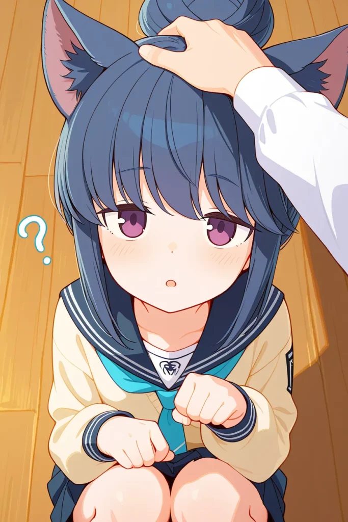 A shy school Neko girl with a confused expression