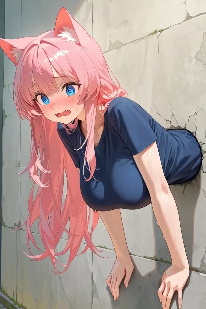 A surprised pink-haired Neko girl stuck in a wall