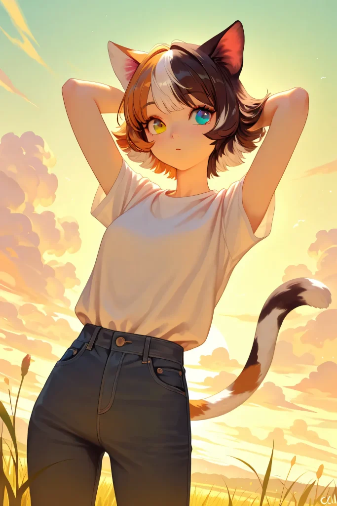 A calm sunset Neko character with mismatched eyes