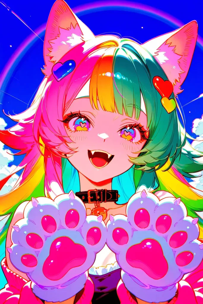 A colorful Neko character with big playful paw gloves