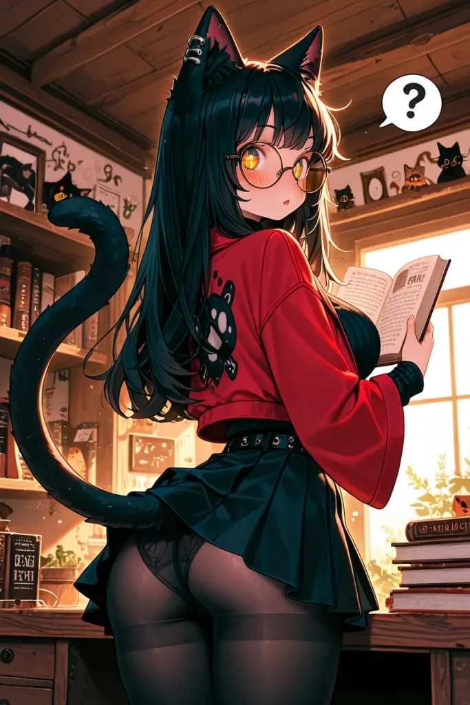 A curious Neko librarian reading with fluffy ears and tail