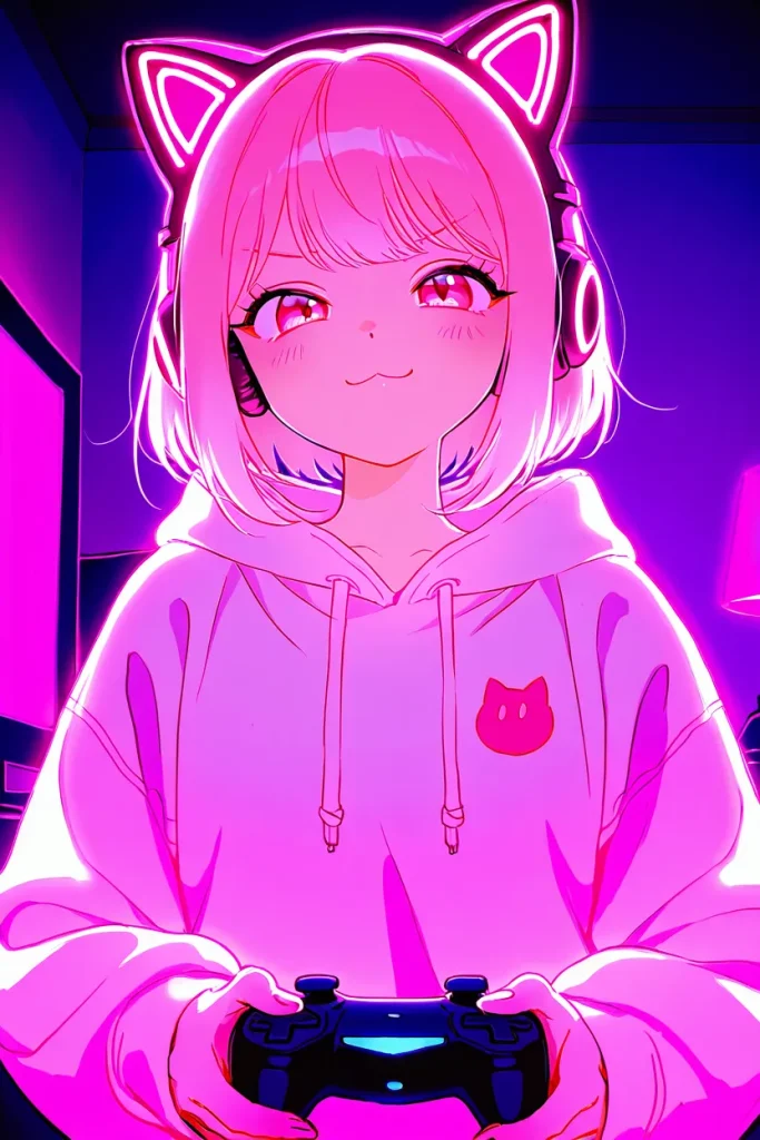 A gamer Neko girl with glowing cat-ear headphones