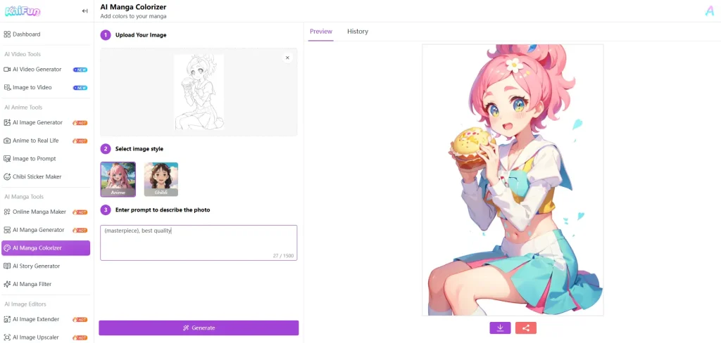 Anifun AI manga colorizer interface with default coloring result