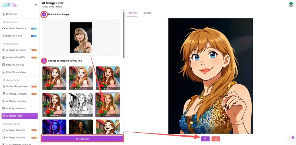 Anifun AI photo to anime conversion result