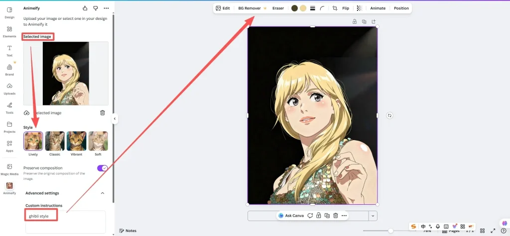 Canva photo to anime conversion result