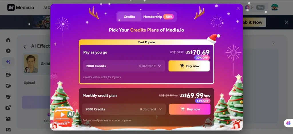 Credit plan of Media.io