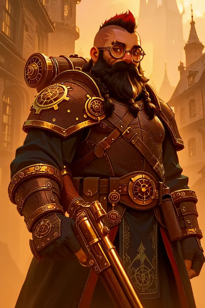A steampunk dwarf warrior wearing brass armor and goggles, holding a mechanical rifle in a fantasy city setting