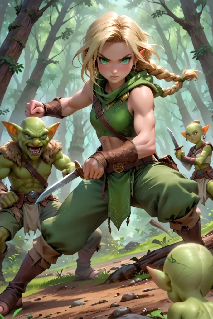 A fierce young elf ranger with braided hair battling goblins in a forest, holding a dagger in a dynamic combat pose