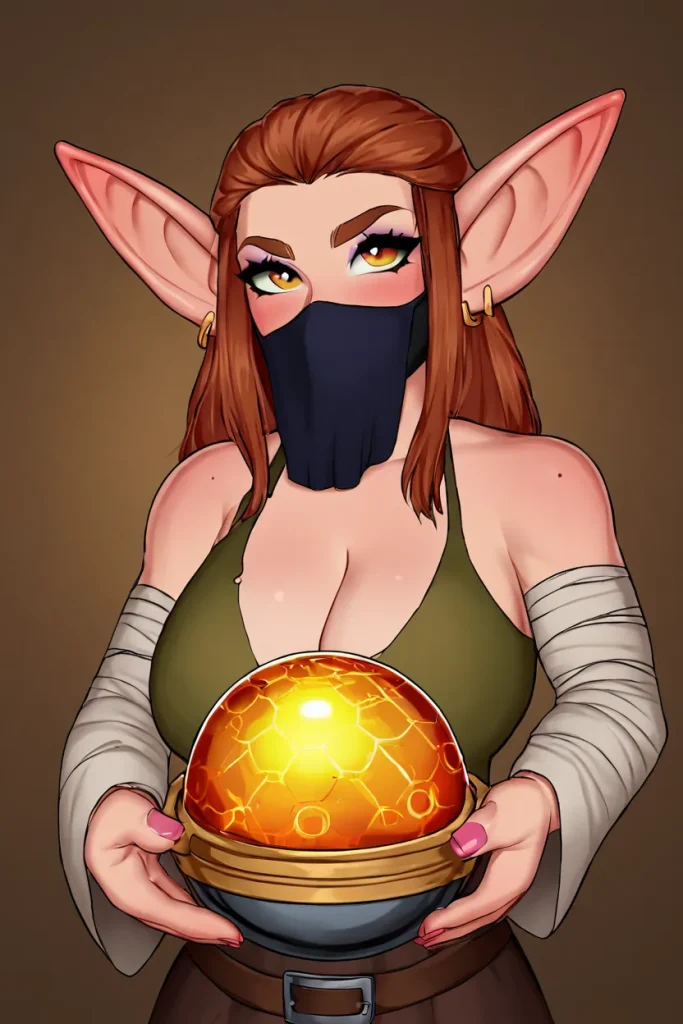 A stylized goblin girl with large ears and a mask holding a glowing magical orb, illustrated in a soft DnD fantasy style