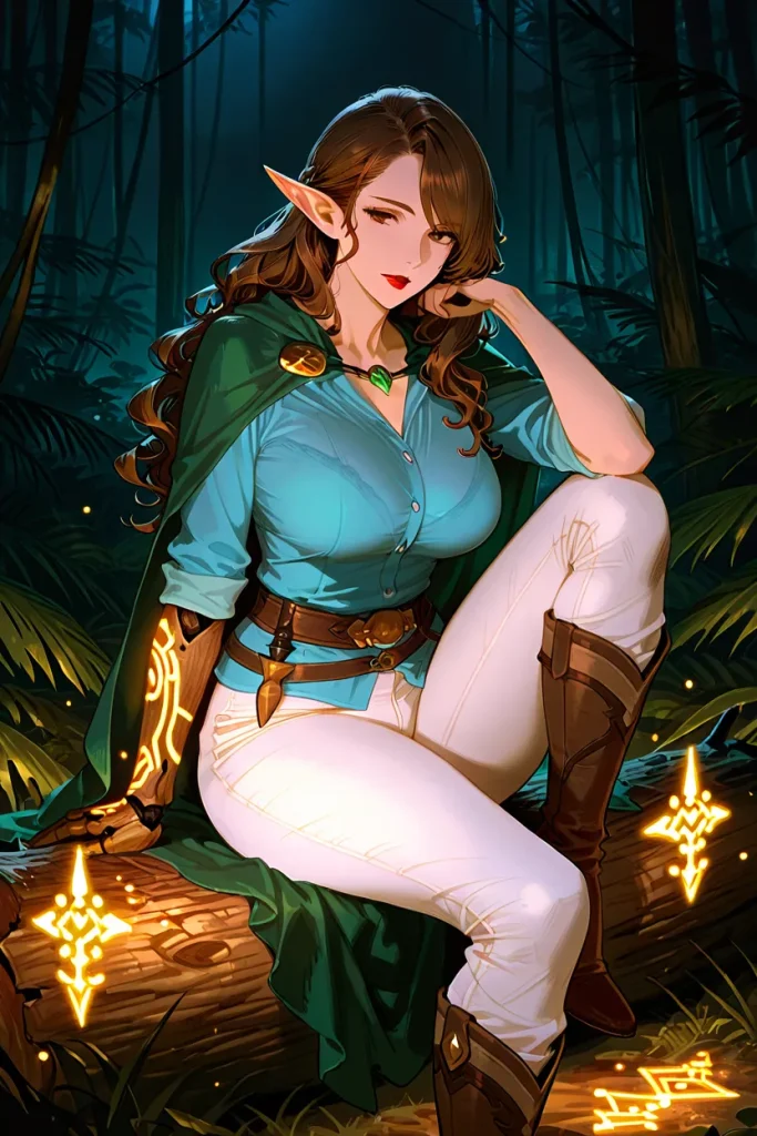 An elegant elf mage with long brown hair and glowing runes on her arm, sitting on a log in a moonlit forest