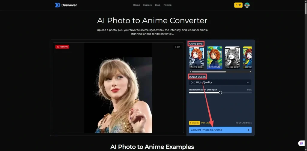 Drawever photo to anime conversion interface
