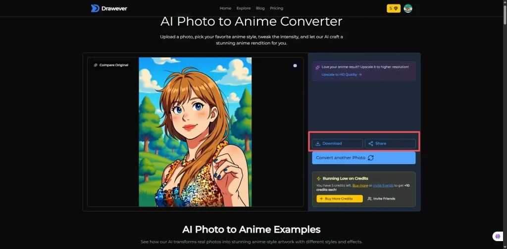 Drawever photo to anime conversion result