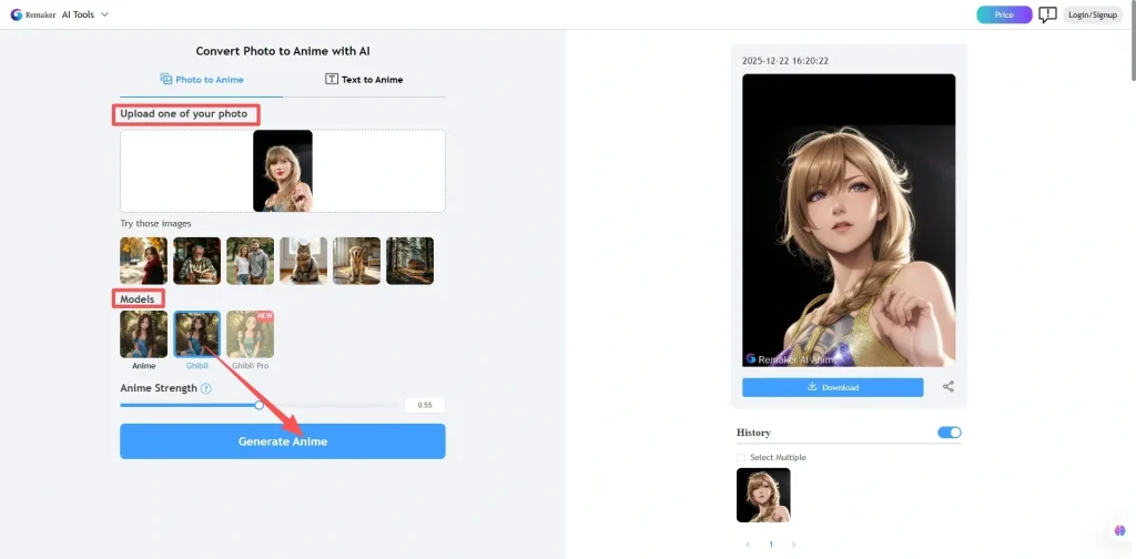 Remaker AI photo to anime conversion result