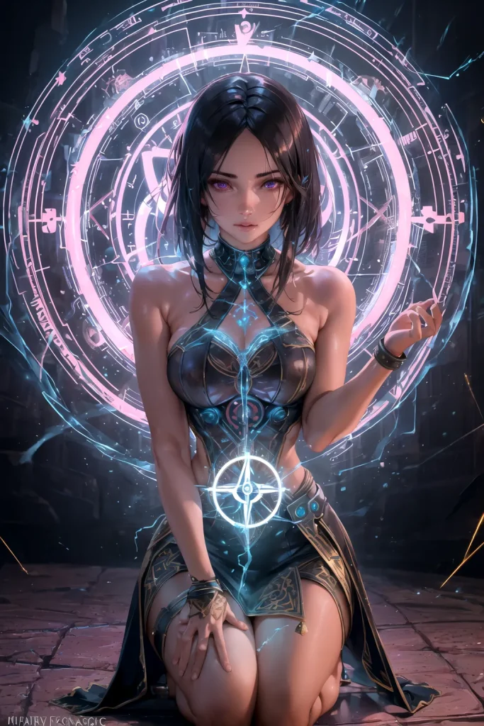 Cyberpunk female character with glowing neon magic circles and futuristic armor