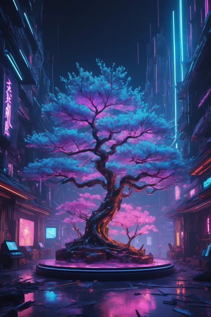 Cyberpunk digital tree glowing in a futuristic neon city