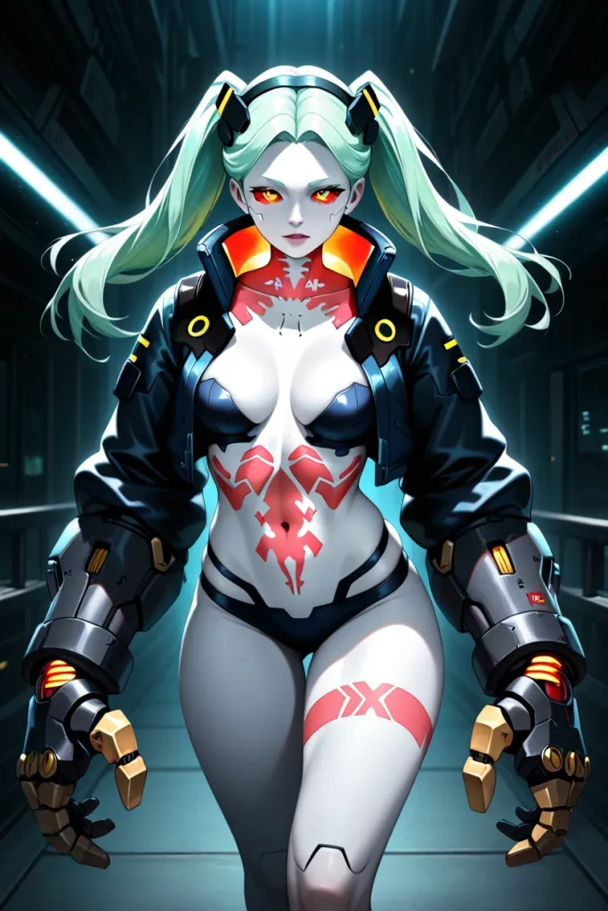 Cyberpunk combat cyborg with glowing armor in a sci-fi corridor