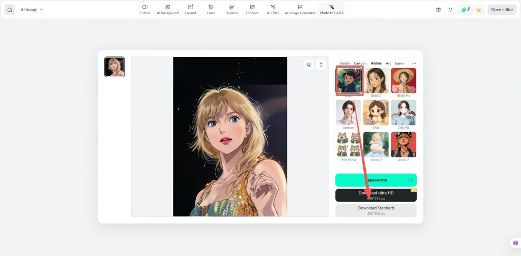 insMind photo to anime conversion result